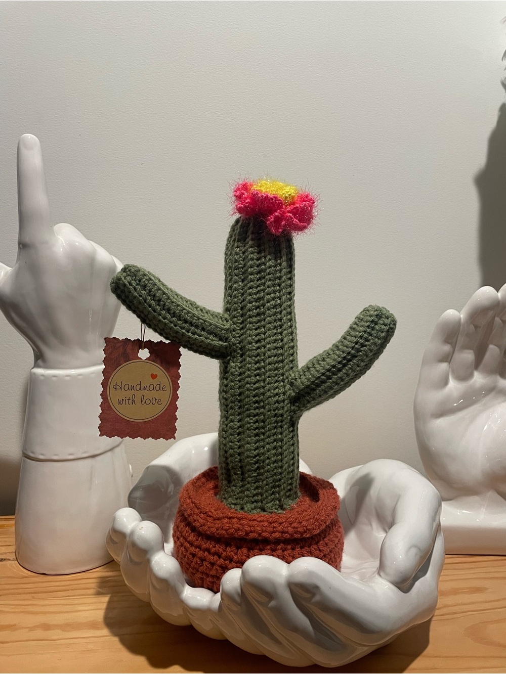 Handmade Green Crochet Cactus with Pink and Yellow Bloom